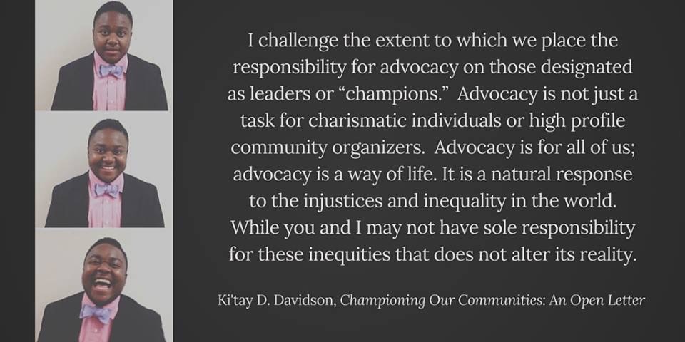 Series of 3 photos in a vertical row: black youth wearing an pink button-up collar shirt with an pink-purple tie and a dark colored blazer in each photo. One not smiling, one smiling, one laughing with eyes closed. Text in caption.