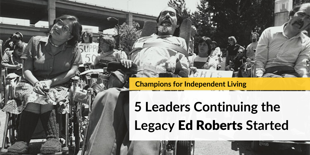 Photo of disability activists in the 1970s - Judy Heumann, Ed Roberts, and others in wheelchairs.