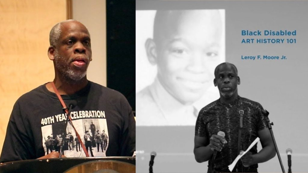 Photo of a black man wearing a black tee shirt that reads 40th Year Celebration with a photo of a Black Panther demonstration. behind him is a slide with a photo of him as a youth and a photo of himself currently. Text: Black Disabled Art History 2020- Leroy F. Moore, Jr. 